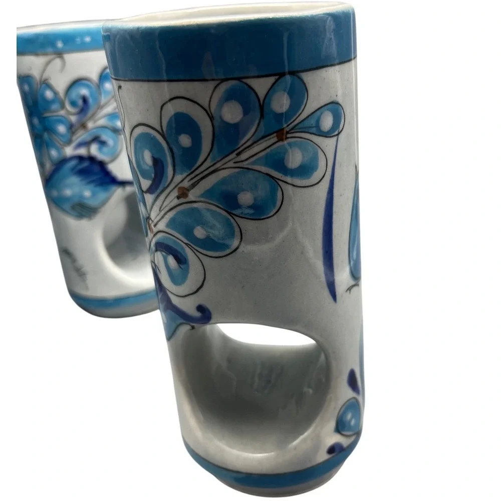 4 Tonala Pierced Tumblers Blue Bird , Flowers Hand Painted Vtg Mexico‎ Pottery